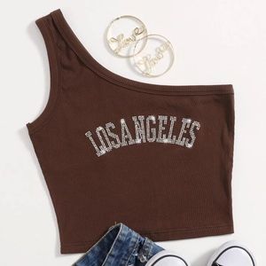 SHEIN Small Brown One Shoulder Rhinestone Top